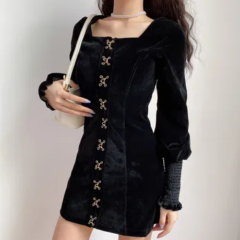 

Velvet Lantern Sleeve Ladies Dress Sexy Straight Sequined Long Sleeve Dress Square Collar Summer Knee-Length Vintage Dress #33