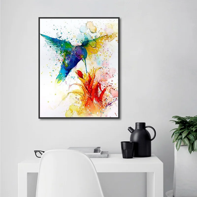 Декоративные картины на холсте с синей птицей и красными цветами | Дом сад