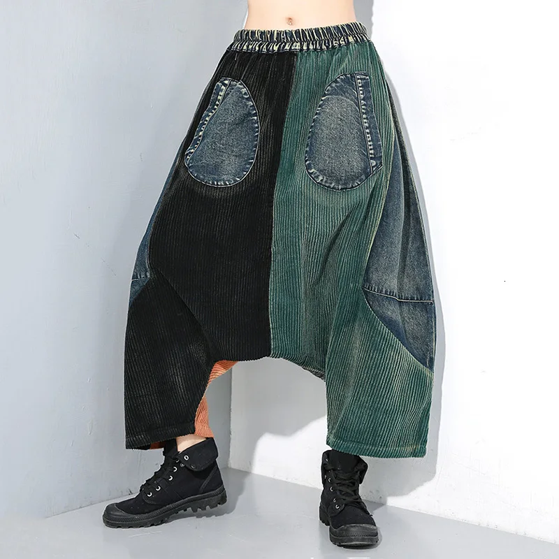[EAM] Джинсовые штаны-шаровары с высокой эластичной талией контрастных цветов, новинка, свободные брюки для женщин, модные весенне-осенние 1M035
