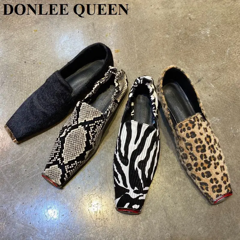 Loafers Shoe Square Toe Snake-Pattern Ballet Zebra Women Slip-On Comfortable Big-Size