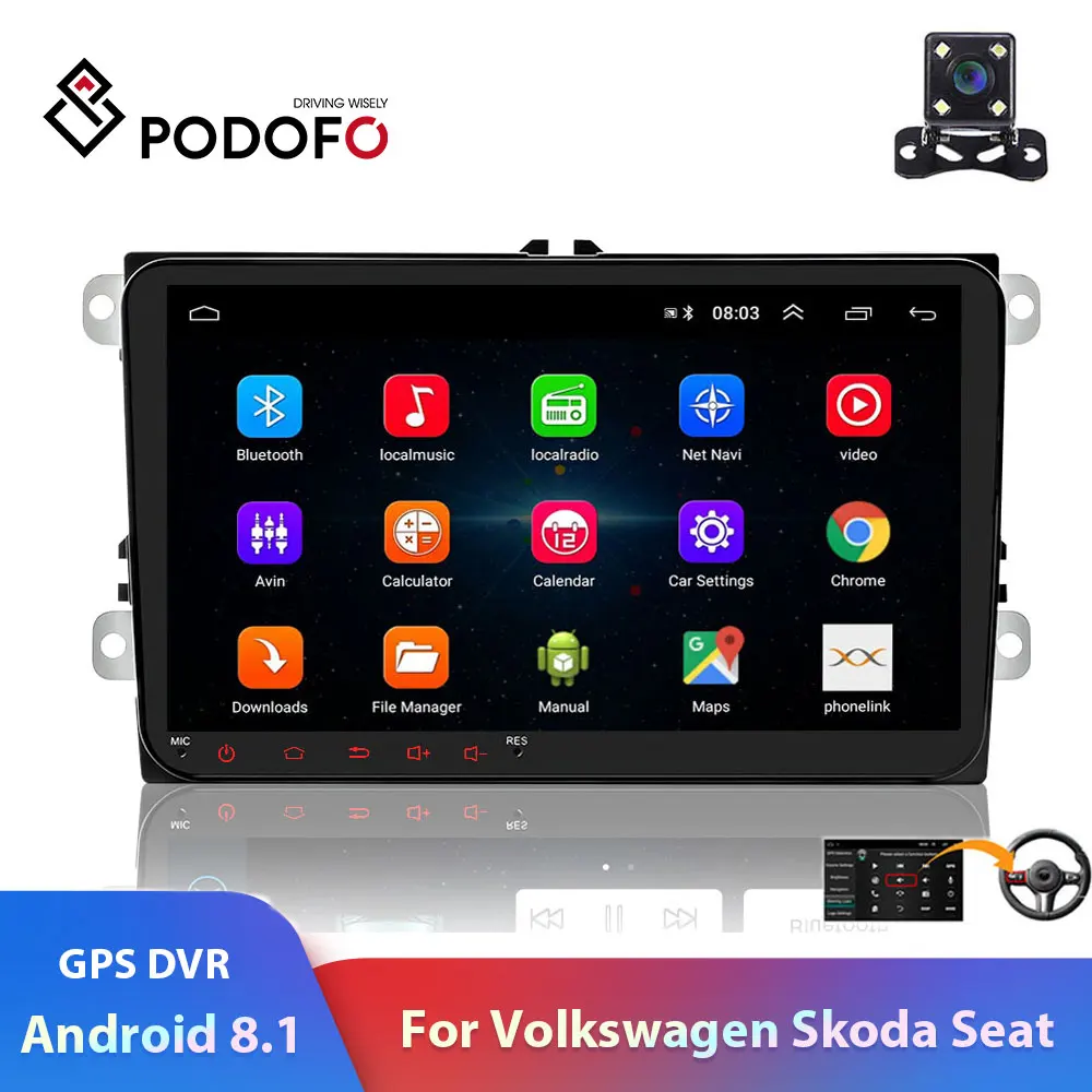 

Podofo 2din car radio 9" Android8.1GPS navigation WIFI DVR Buletooth autoradio car Player for Volkswagen Skoda Golf Seat stereo