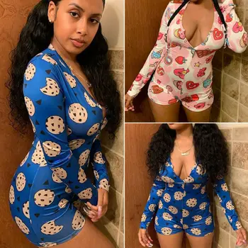

Womens Sexy V Neck Printed Long Sleeve Bodycon Jumpsuit Sleepwear Lounge Romper Jumpsuit Clubwear