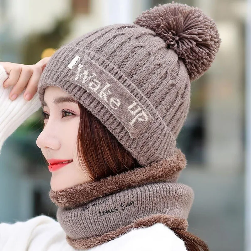 Hat scarf brown Новая брендовая Зимняя Вязаная Шапка-бини, Женская Толстая теплая шапка куполообразная шапка, женские шапки-бини с буквами, уличные наборы для езды на велосипеде, нагрудник - Color: Hat scarf brown