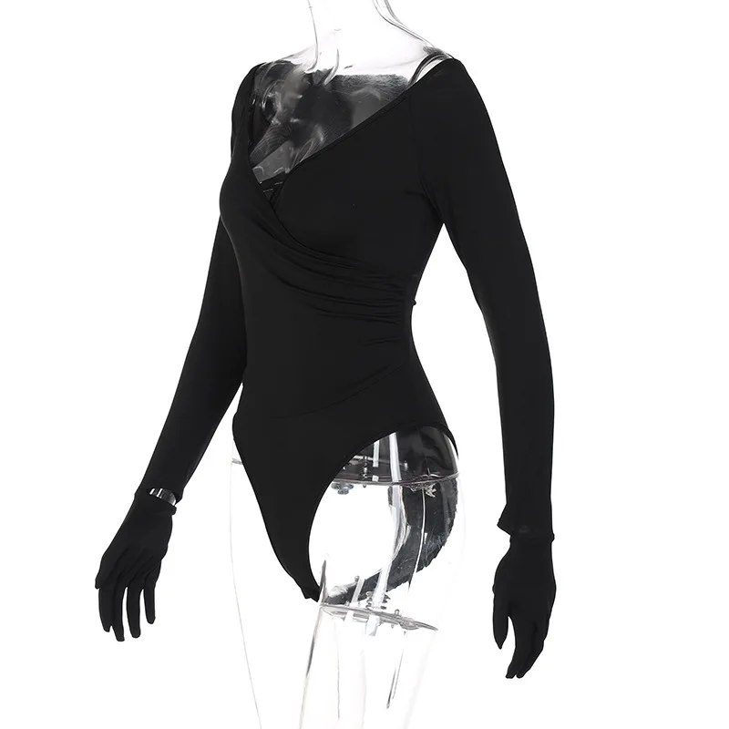 BKLD Festival Outfit Party Clubwear New Autumn And Winter V-Neck Long Sleeve Black Bodysuit With Gloves Sexy Tops Women 2024