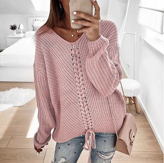 Sexy V-neck Lace-up Knitted Sweater Long Sleeve Solid Women Pullover Autumn Winter Casual Sweaters Jumper Plus Size Sexy V-neck Lace-up Knitted Sweater Long Sleeve Solid Women Pullover Autumn Winter Casual Sweaters Jumper Plus Size