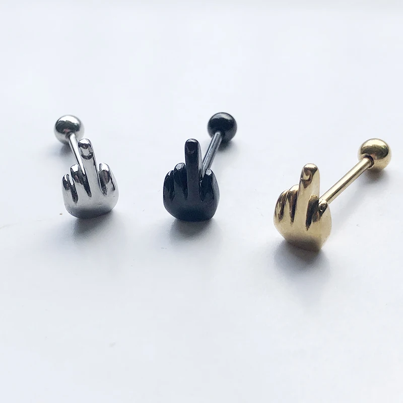 

1pcs Surgical Steel Middle Finger Gesture Tongue Barbell Stud Piercing Rings Body Jewelry Punk