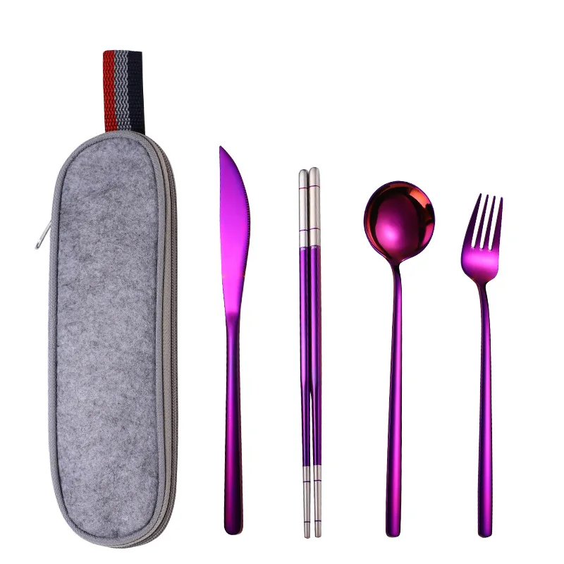 Нержавеющая сталь столовая посуда портативный набор столовых приборов нож ложка Вилка палочки для еды соломенная упаковка ткани столовые приборы работа путешествия набор столовых приборов - Цвет: 4pcs hs purple