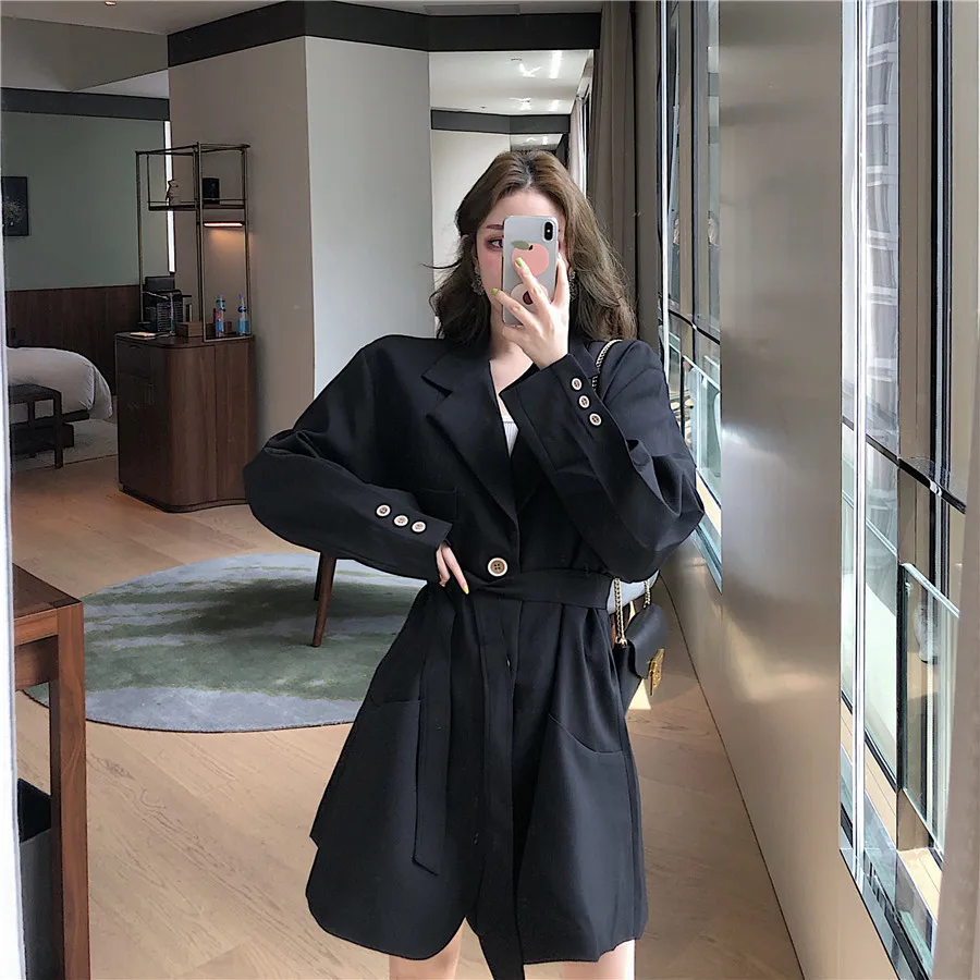

Loose-Fit Casual Waist Hugging Bandage Cloth Small Suit Coat Women's 2019 Autumn New Style Versatile Mid-length Long-sleeved Upp