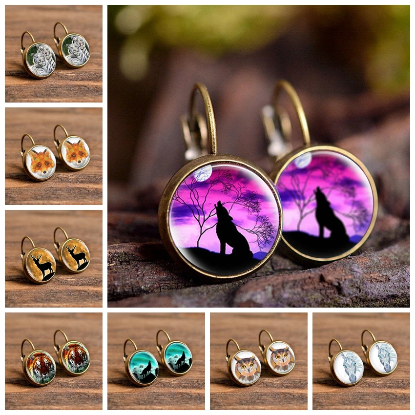 Новая мода волк лиса купол стеклянный кулон серьги животные комикс картина Винтаж ручной работы серьги гвоздики женские подарки для девочек