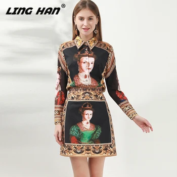 

LINGHAN Fashion Print Set Women Long Sleeve Character Print Blouse Top + Mini Skirt Fashion Two-piece Set Spring Summer New