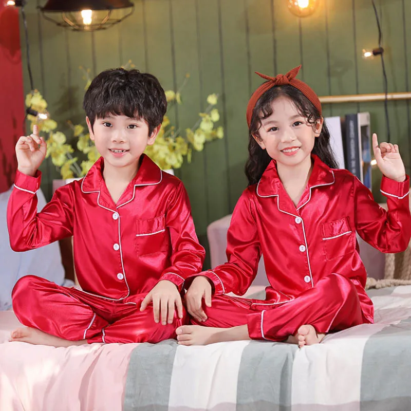 night gowns cheap Children's Sleepwear Satin Pajama Suits Spring Long Sleeves Homewear Sibling Silk Nightwear Baby Girls Clothes Pink Pajama Suits pajama sets button up	 Sleepwear & Robes