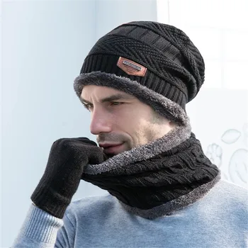 

Winter Men Hat Scarf Gloves Set Plus Velvet Thick Knitted Hat Muffler Gloves Ring Scarf Set Solid Outdoor Warm Hat Scarf Gloves