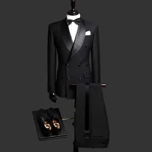 New Arrival Black Shawl Lapel Double Breasted Business Men Suits Leather Collar Custom Made 2 Pieces Wedding Tuxedo For Men