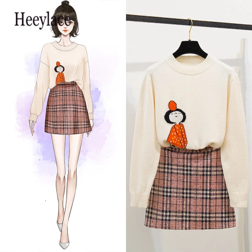

2019 autumn winter korean Lovely two piece set Pullover Sweater and High Waist A-line pack hip plaid skirt set women clothing