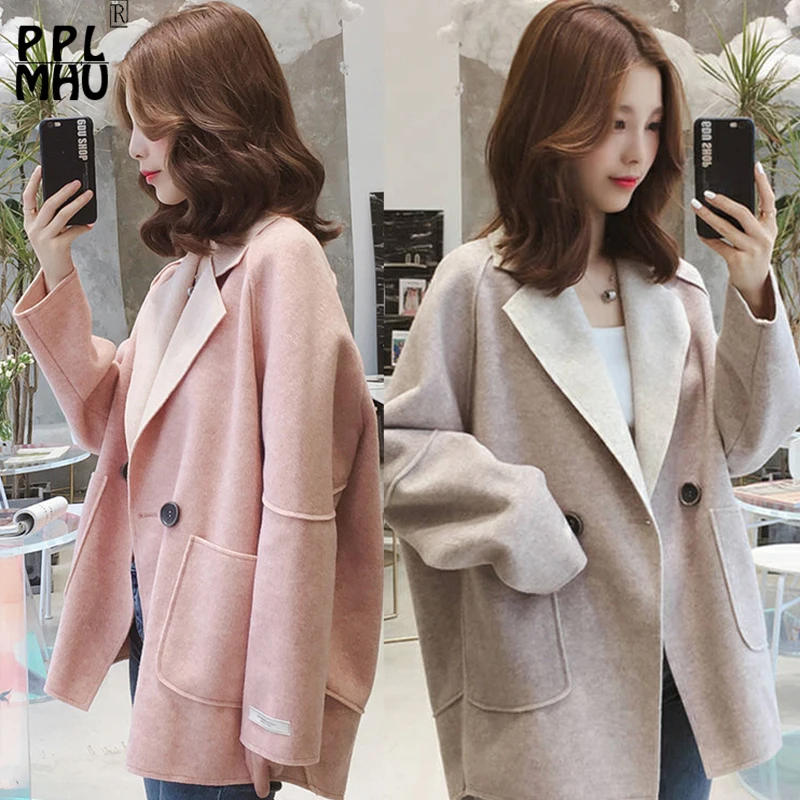 

New autumn and winter Korean version of the slim slimming short pink wool coat 2019 female loose casual solid color coat