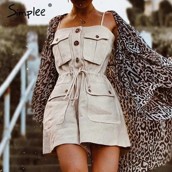 

Simplee Casual strap women jumpsuit romper Pockets lace up cotton female playsuit Vintage loose solid overalls cargo jumpsuit