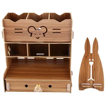

DIY Wooden Desk Organizer with Drawer, Pen Holder Box Desktop Stationery for Home Office School Supply Storage