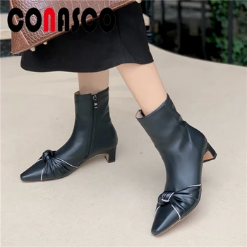 

CONASCO Autumn Winter Elegant Women Ankle Boots New Butterfly-Knot Genuine Leather Fashion Zipper Shoes Woman Casual Boots 2020