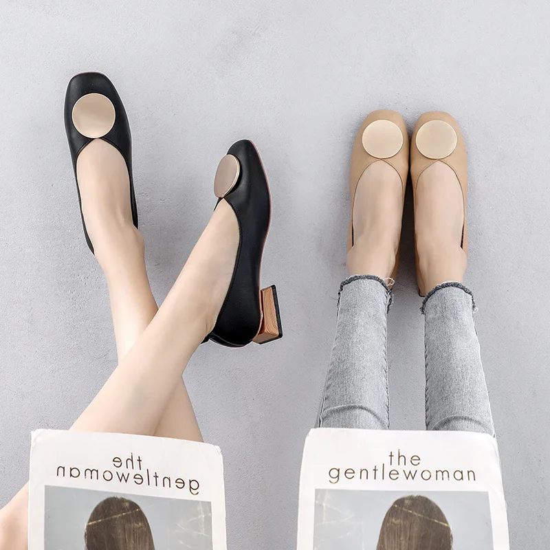 

Chunky-Heel Shoes Women's 2020 Spring New Style Slip-on Loafers Women's Square Head Low-Cut Low Heel Business Moccosins Women's