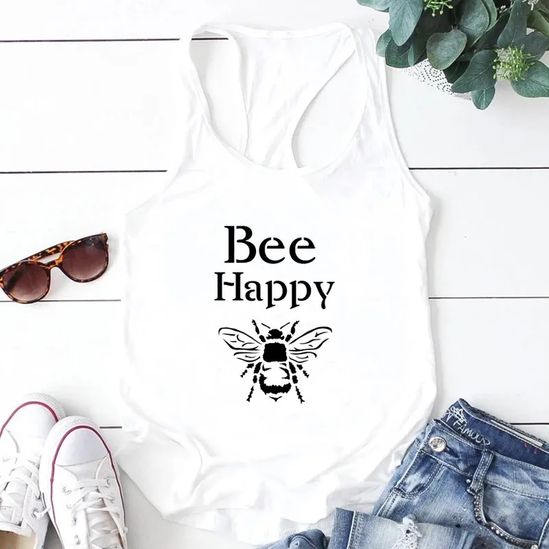 Bee Happy женские безрукавки без рукавов, повседневные топы с круглым вырезом, графический жилет, сексуальные топы с открытыми плечами, летняя одежда, Прямая поставка