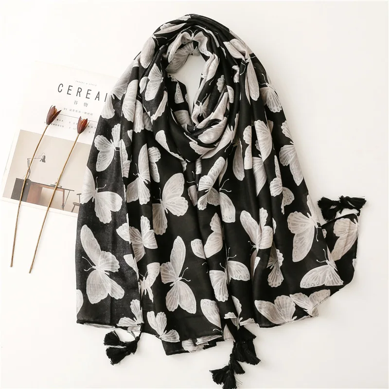 2022 Fashion Animal Black Butterfly Pattern Tassel Viscose Shawl Scarf High Quality Print Pashmina Stole Bufandas Muslim Hijab muslim woman hijab fashion tassel scarves for ladies high quality shawl scarf pashmina stole bufandas female foulard beach towel