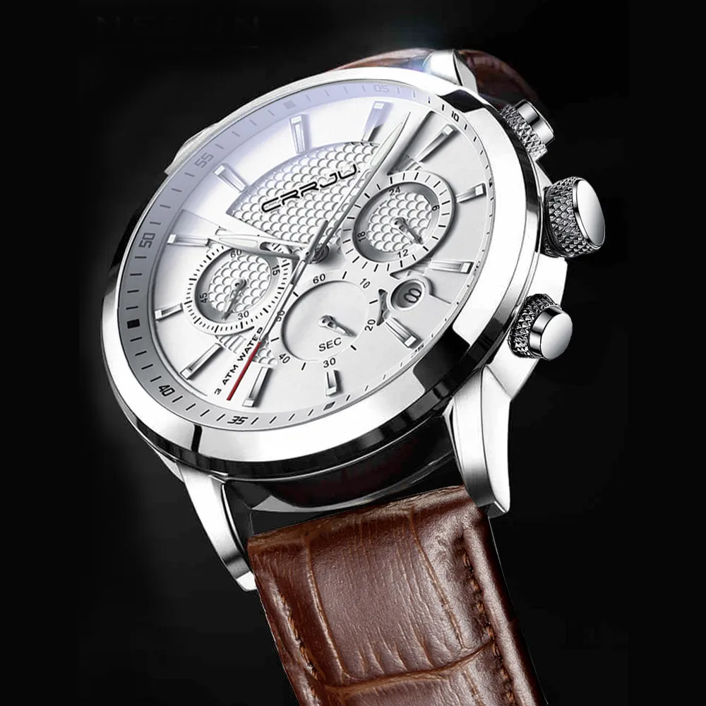 

CRRJU Fashion Men Watches Analog Quartz Luminous Wristwatches Waterproof Chronograph Sport Date Leather Band Watch Montre Homme