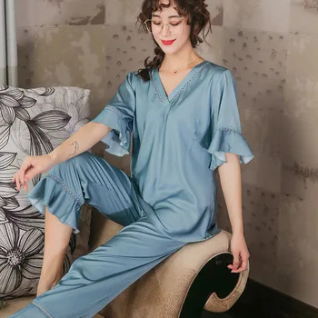 

Simulation Silk Pajamas Women Short-sleeved V-neck Pullover Tops&Trousers Solid Color Casual Women's Home Service Two-piece Suit