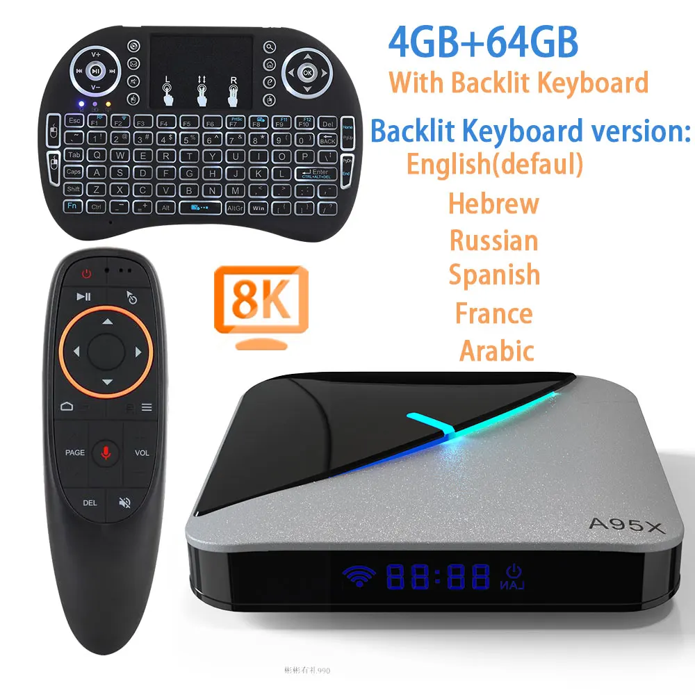 A95X воздуха RGB светильник Android 9,0 ТВ коробка 8K 4K Youtube Amlogic S905X3 Netflix, Wi-Fi, 2 ГБ, 4 Гб оперативной памяти, 16 Гб встроенной памяти, 32 ГБ, 64 ГБ, очень быстро set top tv BOX - Цвет: 64G Aimouse keyboard