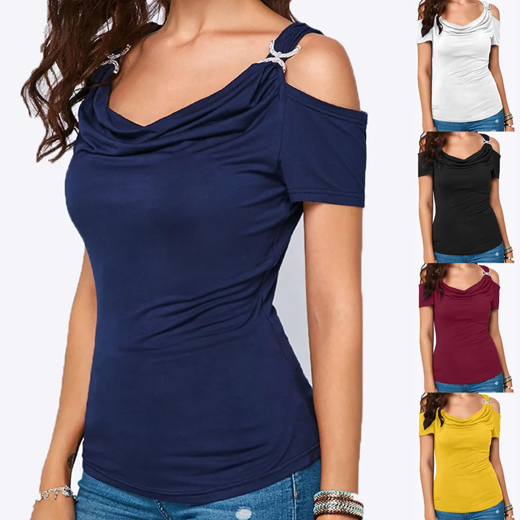 

Women Casual Cold Shoulder Draped Collar Shirt Short Sleeve Top T-Shirt#20