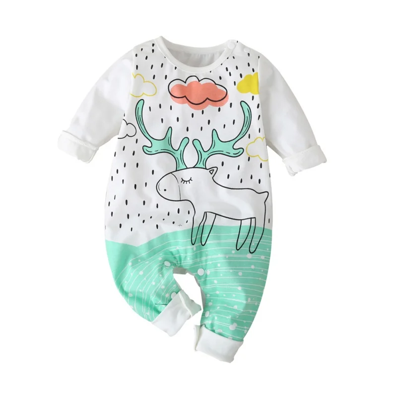 Baby Boys Girls Rompers Long Sleeve Cotton Cute Round Neck Ruffled Cloud Rainbow Pattern Jumpsuit Clothes - Цвет: Синий