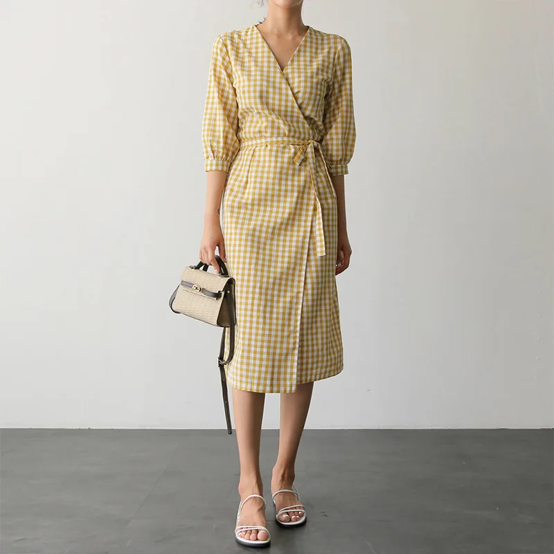 Летнее платье, женское хлопковое покрывало в Корейском стиле, платье с v-образным вырезом и коротким рукавом, повседневное женское платье-миди, сарафан