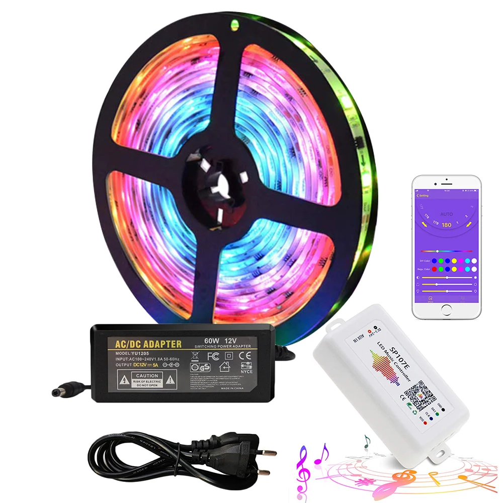 12 В ws2811 RGB Светодиодные полосы света комплект адресуемых Цвет Мечты светодиодный освещение с чеканкой эффект SP107E музыкальный контроллер мощность 5 м