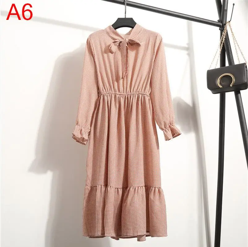 Корейская черная рубашка Vestidos для офиса в горошек, винтажные осенние платья, Женское зимнее платье, миди платье с цветочным рисунком и длинным рукавом для женщин - Цвет: 06