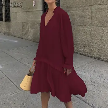 

2020 Casual Solid Dress ZANZEA Women Puff Long Sleeve Summer Sundress V-Neck Pleated Loose A-line Lady Vestidos Robe Femme 5XL