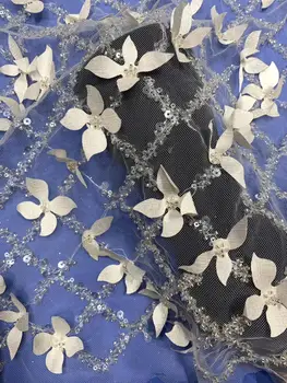 

newest style White embroidery net tulle mesh lace fabric with full beads JOY-31510 french style seuqins lace for wedding dress