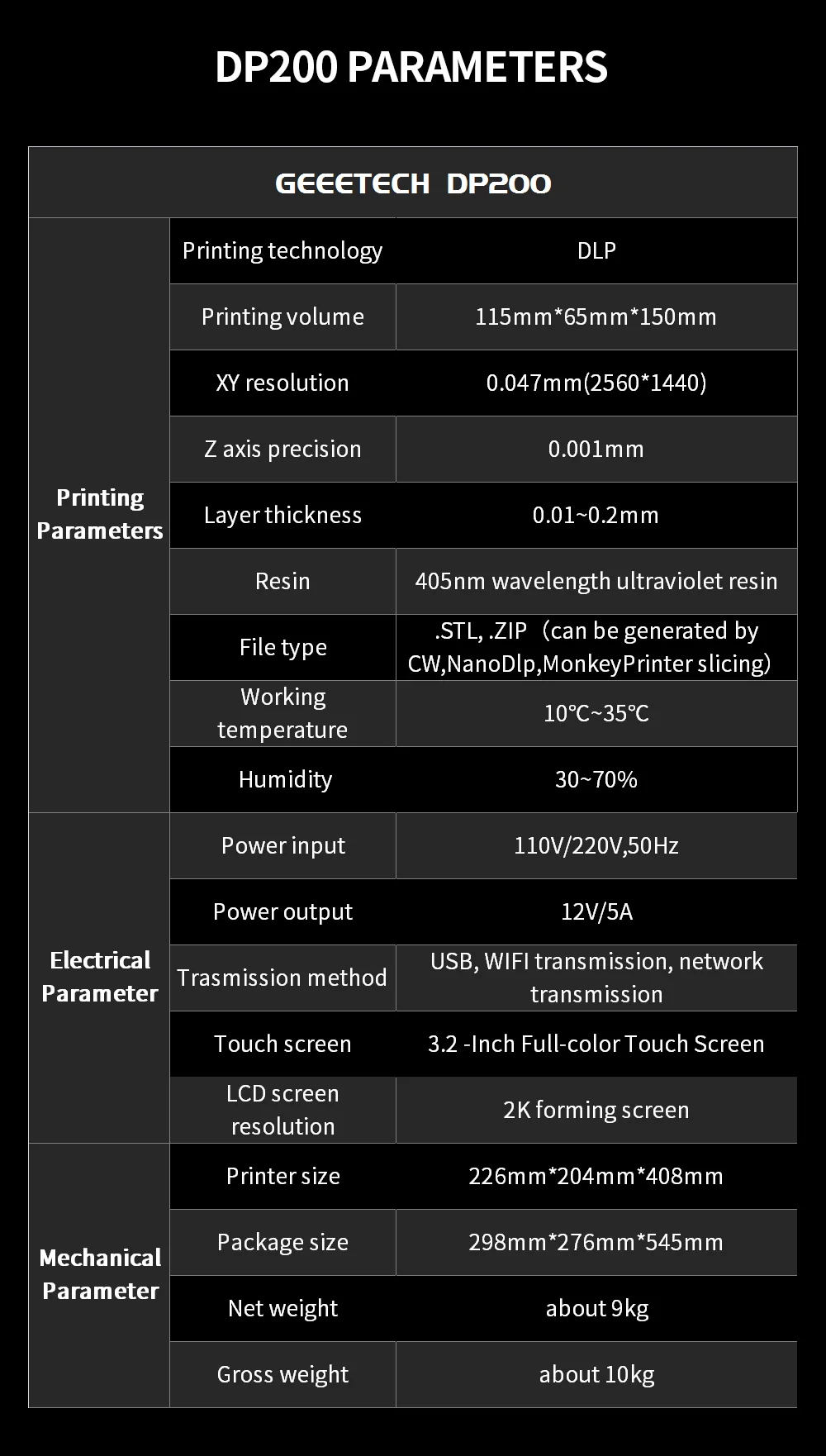 Geeetech DP200 ЖК-светильник для полимеризации 3D принтер DLP UV 40 Вт 405нм смола с wifi фиксация 20 мм/ч встроенный ломтик