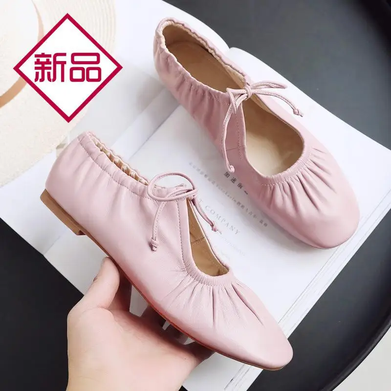 

2019 Spring And Summer Autumn Women's Mom Shoes Pink Flat Heel Genuine Leather Yellow Grandma Shoes Ballerina Flats Women's