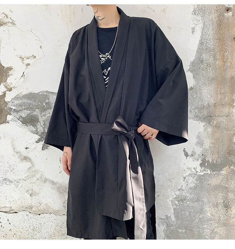 Мужской асимметричный дизайн свободного покроя японское кимоно кардиган Тренч Куртка мужская уличная хип хоп ветровка Тренч пальто