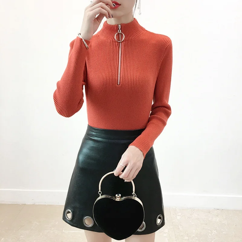 Женский трикотажный свитер-водолазка на молнии облегающий пуловер в Корейском