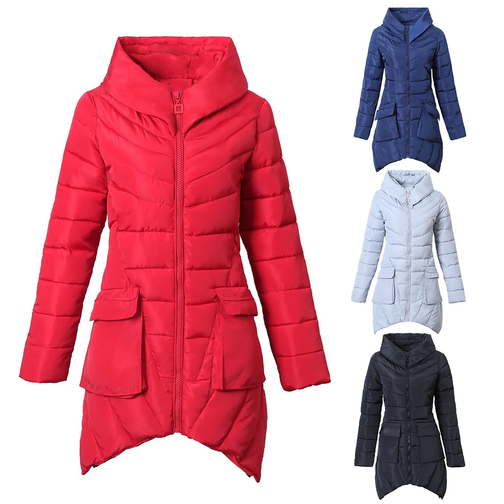 

Wipalo Autumn Winter Plus Size Women Long ZipperJacket Irregular Warm Cotton Coat With Pockets Solid Striped Slim Windproof Coat