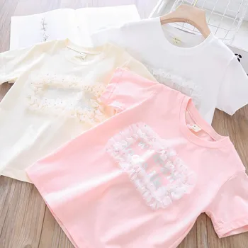 

2020 Summer Girl's Letter Polka Dot Mesh Lace T-shirt Children's Clothing Wholesale