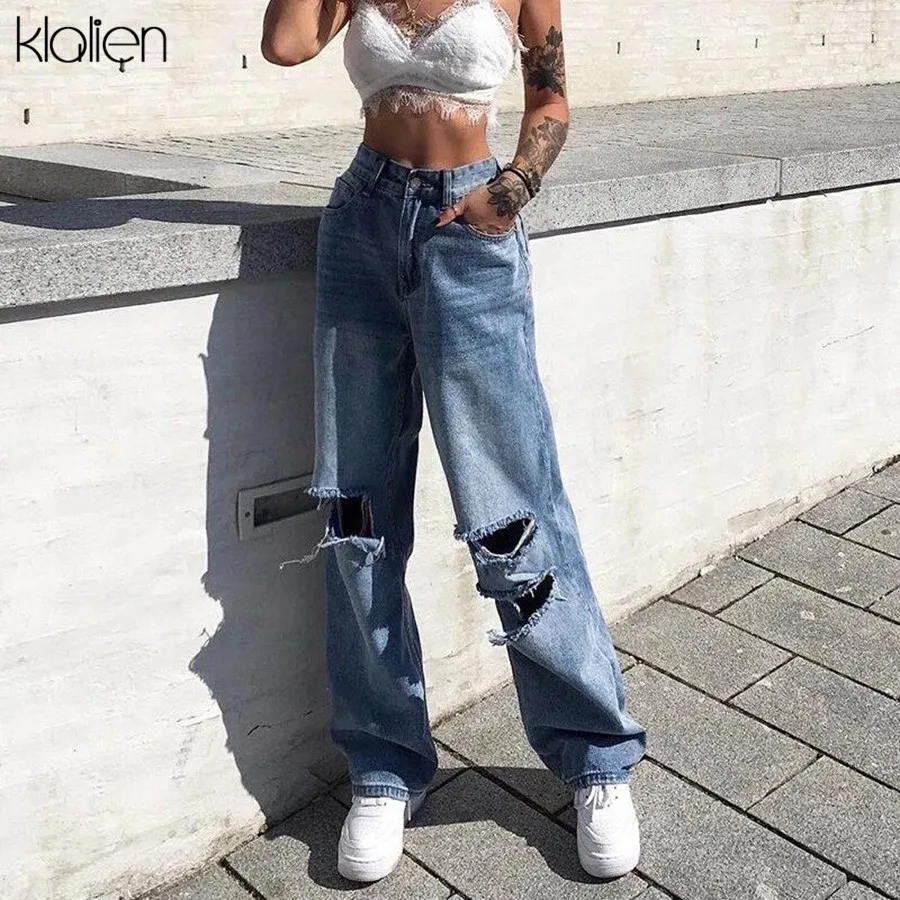 KLALIEN Spring Autumn Harajuku Hollow Denim pants Womens 2020 hot pure leisure loose Slim Flare Pants mujer Hip hop Denim pants KLALIEN Spring Autumn Harajuku Hollow Denim pants Womens 2020 hot pure leisure loose Slim Flare Pants mujer Hip hop Denim pants
