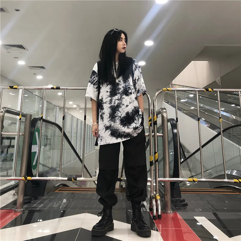 

Harajuku Short-Sleeved Female Summer T-Shirt Hip-Hop Gradient Tie-Dye Loose Tee Thirt Mid-Length Korean Casual Tshirt