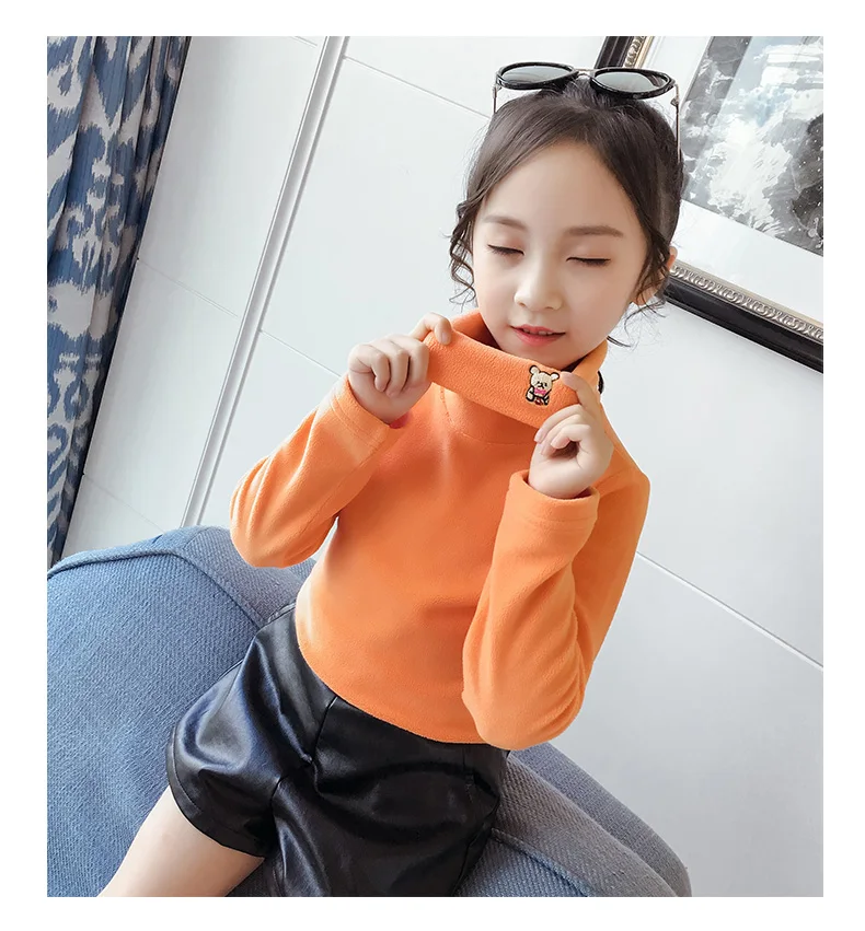 Orange Base shirts Детская зимняя одежда зимние базовые рубашки baju anak perempuan, фланелевая Детская толстовка с высоким воротником теплые плотные Топы ярких цветов - Цвет: Orange Base shirts