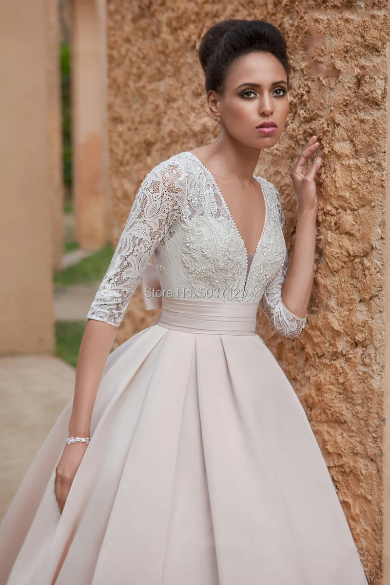 Vestido De Noiva/розовое свадебное платье трапециевидной формы с v-образным вырезом и бусинами, три четверти трапециевидной формы, свадебные платья с шлейфом и пуговицами
