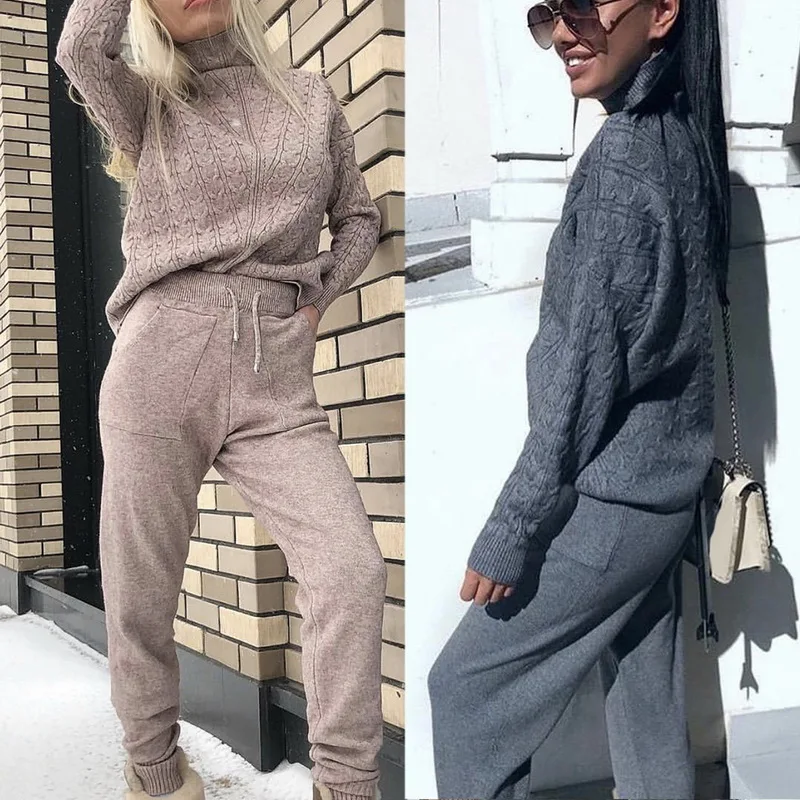 2 Pieces Woman Knitted Suits Wool Warm Sports Sets Ladies Turtleneck Sweater+Pants Casual Autumn Winter Slim Tracksuits New