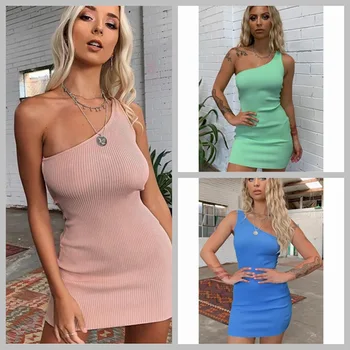 

Europe And America Spring And Summer New Style WOMEN'S Dress Europe And America-Elegant Skirt Sloping Shoulder-Tight-Fit Sheath