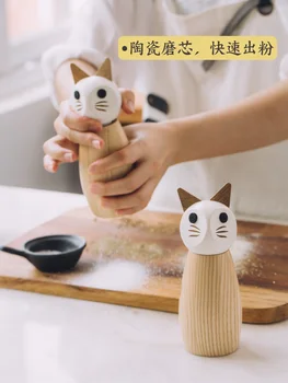

Cartoon cat pepper grinder household present ground sesame sea salt manual old wooden grinding bottle wood triturator
