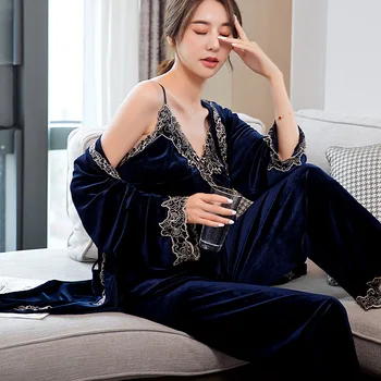 

Women Sexy Velour Robe Sling Pants Pyjama Sleepwear Suit Nightwear Fashion Velvet 3 Pieces Warm Winter Pajamas Sets