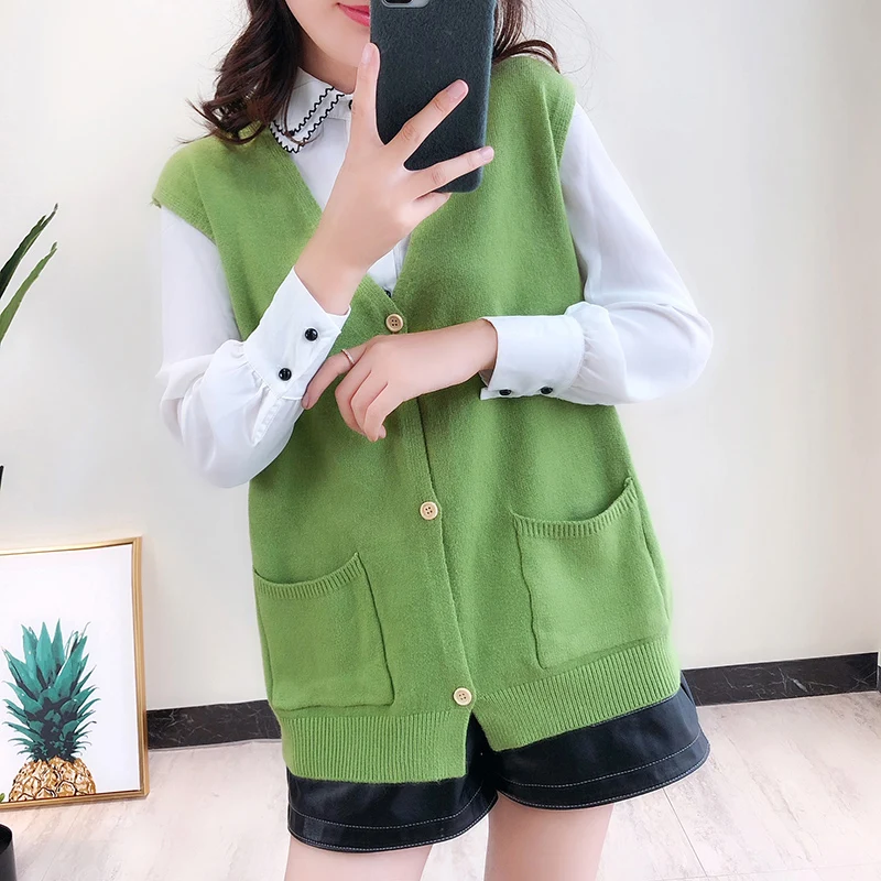 

Autumn Winter Sweater Vest Women Sleeveless Single Breasted Outwear Female Pocket Knitted Sweater Coat Purple Green Jacket Vest